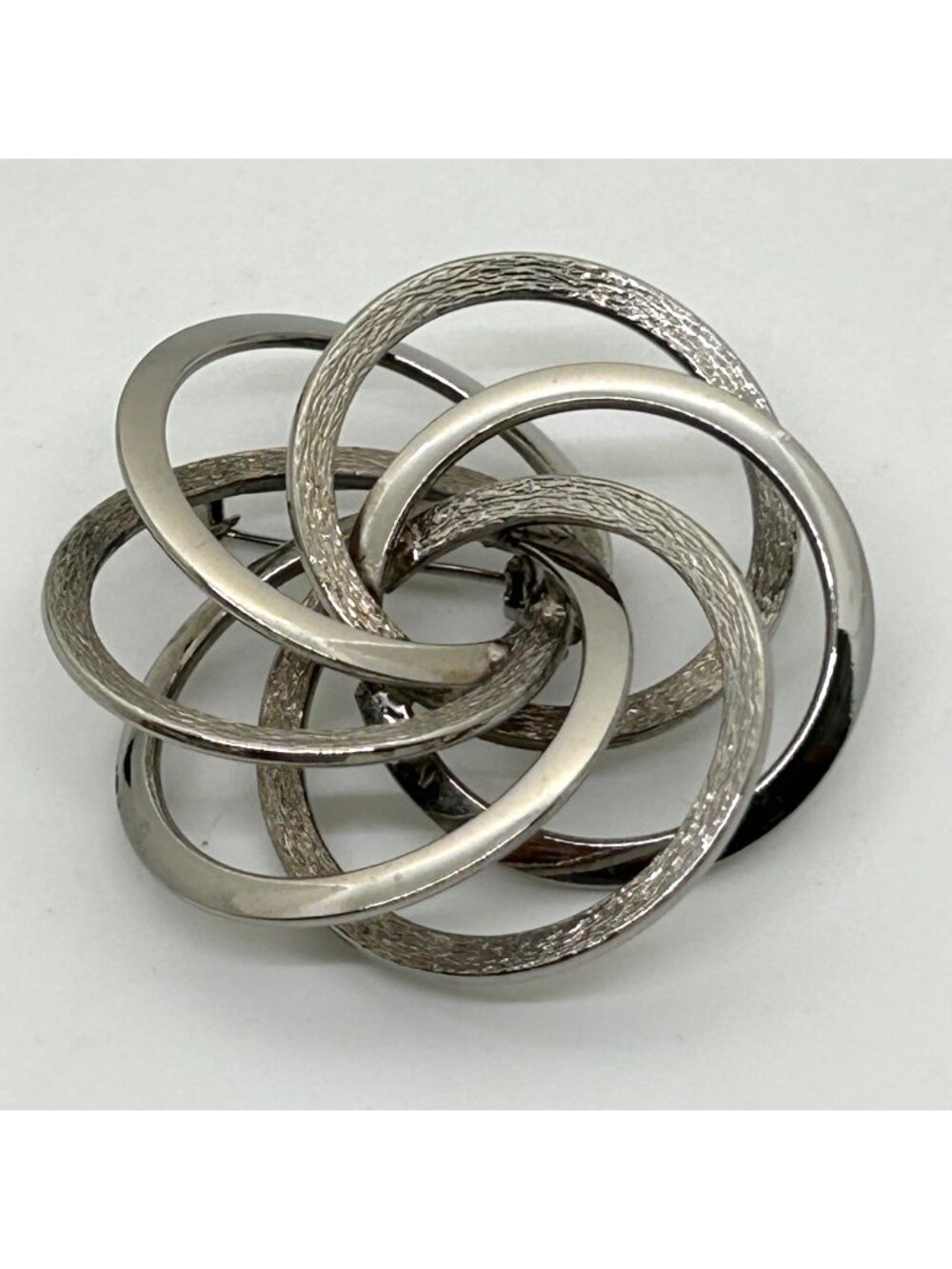 Modernist Interlocking Loop Pin Silver Tone Textured Smooth Open Swirl Vintage